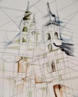 Kun Sarolta (1990- ): Tornyok. Akvarell-tus, papír, jelzett, feltekerve, 50×40 cm