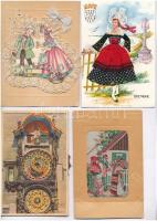 9 db VEGYES mechanikus, textil és selyemlap / 9 mixed mechanical, textile and silk postcards