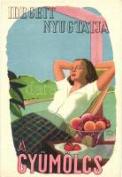 11 db RÉGI magyar gyümölcsöt reklámozó egészségügyi propaganda lap, C-vitamin táblázat a hátoldalon....