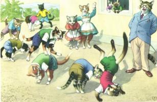Cats exercising at the cat schoolyard, physical education. Alfred Mainzer ALMA 4878. - modern postcard