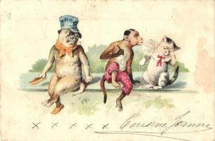 1905 Monkey and dog smoking at the cat, litho (kis szakadás / small tear)