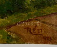 Réti jelzéssel: Házak a völgyben. Olaj, karton, 37×23 cm