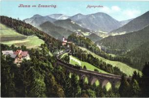 Semmering, Klamm am Semmering / Semmering Railway with viaduct at the Jägergraben (Wagnergraben), locomotive. P. Ledermann 1913.
