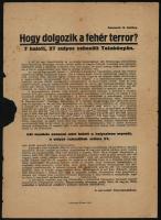 cca 1919-1920 "Hogy dolgozik a fehérterror?", a szervezett bányamunkások röplapja a tatabányai tüntetésekről, foltos, kis sérüléssel