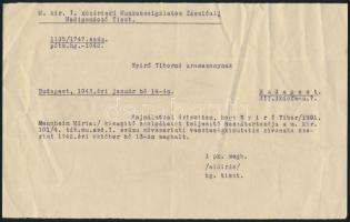 1943 Bp., M. kir. közérdekű Munkaszolgálatos Zászlóalj Hadigondozó Tiszt. által küldött elhalálozásról szóló levél