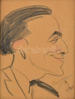 FJ jelzéssel: Férfi portré, karikatúra, ceruza, papír, üvegezett fa keretben, 29×21,5 cm