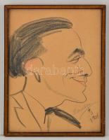 FJ jelzéssel: Férfi portré, karikatúra, ceruza, papír, üvegezett fa keretben, 29×21,5 cm