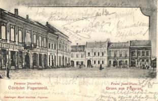 1905 Fogaras, Fagaras; Ferenc József tér, Heinrich Schul üzlete. Kiadja Szinberger Manó / square, shops (EK)