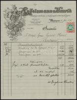 1895 Bp., Engelsmann Henrik Bádogosműhelyének díszes fejléces számlája okmánybélyeggel