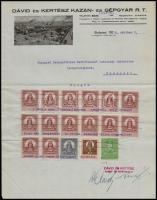 1928 Bp. VI., Dávid és Kertész Kazán- és Gépgyár Rt. fejléces levélpapírjára írt nyugta sok okmánybélyeggel, a gyár látképével