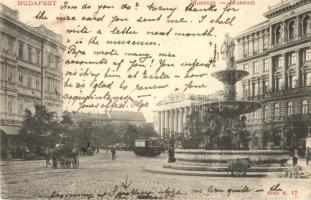 1904 Budapest VIII. Kálvin tér, Múzeum, szökőkút, villamos (EK)