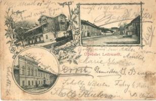 1901 Leibic, Leibitz, Lubica; Híd utca, Kénfürdő, Sas szálloda. Fábry Gusztáv kiadása / Bruckgasse, Schwefelbad, Hotel Adler / street, hotel, sulfur spa. Floral