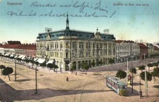 Temesvár, Timisoara; Kossuth és Bem utca sarok, villamos / street corner with tram  (fl)