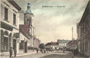 Csáktornya, Cakovec; Árpád tér, templom, Singer Co. üzlete / square, church, shop
