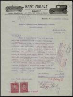 1928 Bp.IX., Nagy Mihály automobil-carousseria- és abroncsgyára fejléces levélpapírjára írt számla okmánybélyegekkel
