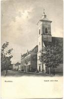 1915 Munkács, Mukacheve, Mukacevo; Kossuth utca eleje, Református templom. Grósz Testvérek kiadása / street view, Calvinist church (EB)