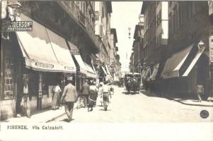 Firenze, Via Calzatoli / street view, bicycle, omnibus, shops of Anderson, Pineider