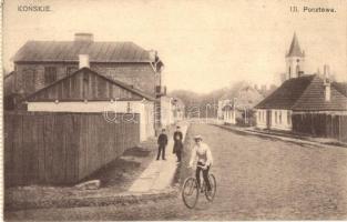 Konskie, Ul. Pocztowa / street view, church, bicycle - from postcard booklet