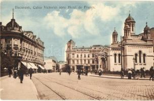 Bucharest, Bukarest, Bucuresti; Calea Victoriei spre Hotel de Franta / street view, Romanian Orthodox church, hotel, shops