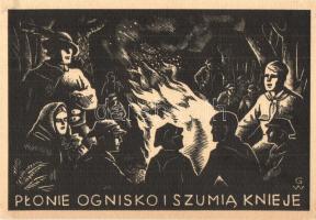Plonie ognisko i szumia knieje / Polish scout art postcard, sitting by the campfire s: Wincentego Gawron (EK)