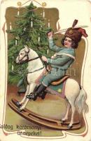 Boldog karácsonyi ünnepeket! / Christmas greeting art postcard, rocking horse. Art Nouveau, litho (EK)