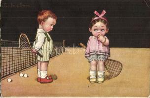 Children playing tennis. Italian art postcard. Anna & Gasparini 1962-2. s: Colombo (EK)