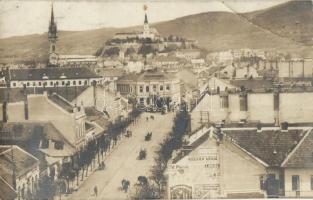 Nyitra, Nitra; látkép a templomokkal, utca, Stefan Kock, J. Hacsko, K. Mülhauser és Frt. Placsek reklámok a ház oldalán / general view with churches and street, shops advertisements. photo (EB)