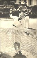 Lady with tennis racket on the tennis court. Vera photo (ragasztónyom / glue mark)