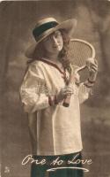 One to love. Lady with tennis racket. Raphael Tuck & Sons Hand coloured photogravure Postcard 4356. (EK)