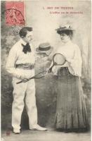 Jeu de tennis. Loffre ou la demande / Lady and gentleman with tennis rackets. TCV card (EK)