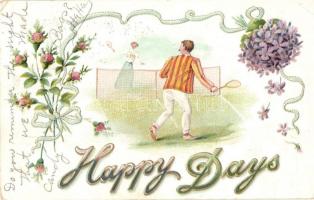 1909 Happy days Lady and gentleman playing tennis on the tennis court. Floral, Emb. litho (EB)