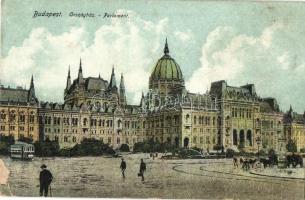 Budapest - 2 db régi városképes lap: Margitszigeti fürdőház (Taussig), Országház, villamos / 2 pre-1945 town-view postcards