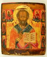 Szent Miklós, orthodox ikon, tojástempera, fa, lepattogzásokkal, sérült, 32×27,5 cm