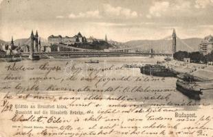 1905 Budapest, kilátás az Erzsébet hídra, uszályok, Királyi vár. Divald Károly 555. sz. (EK)