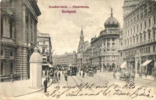 1907 Budapest VIII. Erzsébet körút (Blaha Lujza tér), üzletek, villamos (fl)