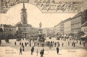 1902 Budapest IX. Kálvin tér, villamos, üzletek, szökőkút. Divald Károly 405. sz. (EK)