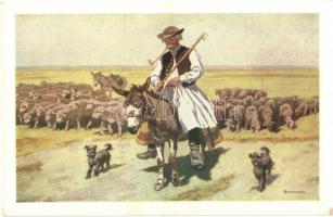 Megy a juhász szamáron; Hortobágyi folklór művészlap / Hungarian folklore art postcard s: Benyovszky