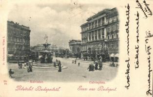 1898 Budapest VIII. Kálvin tér, gyógyszertár, szökőkút, villamos (lyuk / hole)