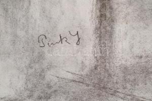 Pirk jelzéssel: Ülő férfi esernyővel. Szén, papír, foltos, felcsavarva, kis szakadással, 69×50 cm