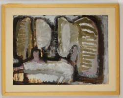 Somlai Vilma (1938-2007): Fák a ház előtt, olaj, papír, jelzett, paszpartuban, üvegezett fa keretben, 42×58 cm