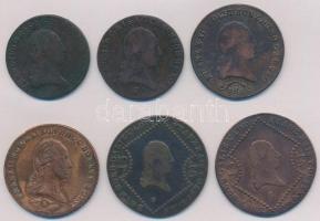 6db-os vegyes magyar rézkrajcár tétel, közte 1800B 6kr Cu, 1807S 15kr Cu T:2-