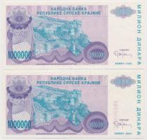 Horvátország / Krajna Szerb Köztársaság 1994. 1.000.000D (2x) mindkettő hibás sorozat- és sorszámmal...