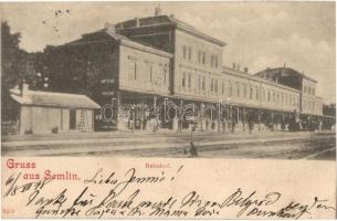 1898 Zimony, Semlin, Zemun; Bahnhof / Vasútállomás, létra, gőzmozdony / railway station, ladder, locomotive