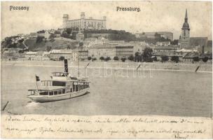 1909 Pozsony, Pressburg, Bratislava; látkép, rakpart, gőzhajó, vár / castle, steamship, quay (fl)