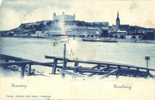 1901 Pozsony, Pressburg, Bratislava; látkép, rakpart, gőzhajó, vár. Bediene dich allein / castle, steamship, quay (EK)