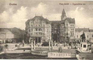 Nagyvárad, Oradea; Egyesülési tér, villamos, szobor, gyógyszertár, Hajnal és Hófehérke üzlete / square, tram, statue, pharmacy, shops