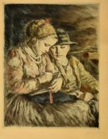 Glatz Oszkár(1872-1958)-Prihoda István(1891-1956): Buborékfújók. Színezett rézkarc, papír, jelzett, 35×27 cm
