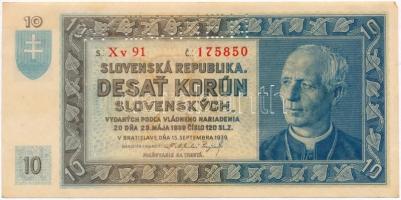 Szlovákia 1939. 10K T:I- ragasztónyom Slovakia 1939. 10 Korun C:AU gluemark Krause 4.s