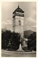 Rozsnyó, Roznava; Rákóczi őrtorony magyar címerrel és &quot;Magyarok leszünk&quot; irredenta felirattal, Gróf Andrássy Dénesné (Franciska) szobor. Kiadja Fuchs József / watchtower with Hungarian coat of arms and irredenta text, statue