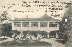 1908 Bártfa, Bártfafürdő, Bardejovské Kúpele, Bardejov; Tejcsarnok, kert. Kiadja Divald Adolf 225. / restaurant, milk hall, garden (lyukasztott / punched hole)